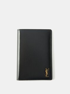 Складной кожаный кошелек ysl с металлической пластинкой Saint Laurent, черный
