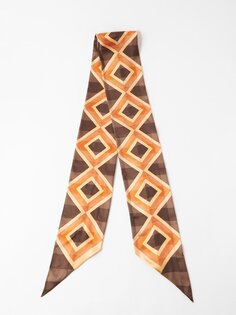 Шарф из шелкового твила с геометрическим принтом Saint Laurent, коричневый