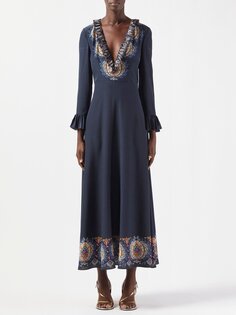 Платье из шелкового твила с рюшами и v-образным вырезом с принтом пейсли Etro, синий