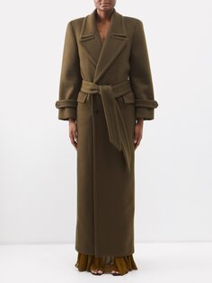 Шерстяное длинное пальто оверсайз с поясом Saint Laurent, зеленый