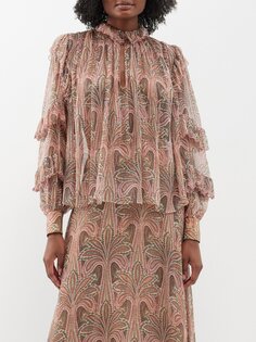 Полупрозрачная шелковая блузка с принтом пальм и оборками Etro, розовый