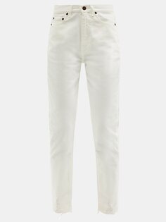 Укороченные джинсы с высокой посадкой и потертыми манжетами Saint Laurent, белый