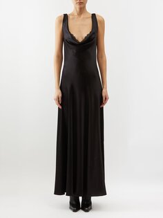 Платье из шелкового атласа с воротником-хомутом Saint Laurent, черный