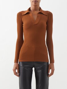 Рубашка-поло из крепа в рубчик с открытым воротником Saint Laurent, коричневый