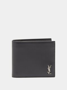 Складной кожаный кошелек ysl с металлической пластинкой Saint Laurent, черный