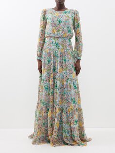 Платье макси isabel из жатого шелка с цветочным принтом Saloni, зеленый