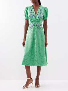 Платье миди lea из шелкового атласа с цветочной вышивкой Saloni, зеленый