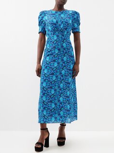 Платье миди bianca из шелкового крепа с цветочным принтом Saloni, синий