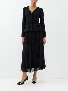 Платье миди из букле с плиссированной юбкой и шифоновым платьем Self-Portrait, черный