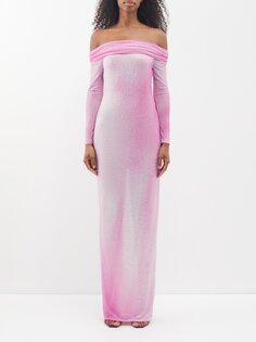 Платье макси с открытыми плечами и градиентной сеткой Self-Portrait, розовый