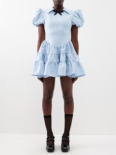 Атласное платье мини с пышными рукавами и окантовкой SHUSHU/TONG, синий