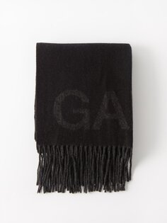 Жаккардовый шарф с логотипом из переработанной шерсти Ganni, черный