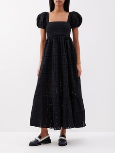 Платье макси из органического хлопка бродери-англезского цвета Ganni, черный