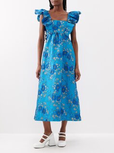 Платье миди из жаккарда с цветочным принтом из переработанной ткани Ganni, синий