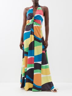 Атласное платье макси jennifer с геометричным принтом Staud, мультиколор