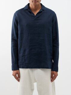 Льняная рубашка-поло с открытым воротником Giorgio Armani, синий