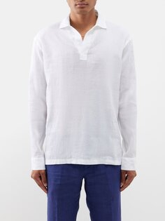 Льняная рубашка-поло с открытым воротником Giorgio Armani, белый