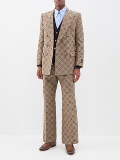 Двубортный костюмный пиджак из смесового хлопка с конской пряжкой Gucci, бежевый
