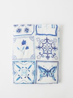 Льняная скатерть azulejos с принтом плитки 300см x 165см Summerill &amp; Bishop, синий