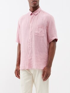 Льняная рубашка с острым воротником и короткими рукавами Sunspel, розовый