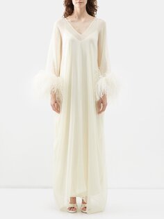 Шелковое платье gala с манжетами из перьев Taller Marmo, белый