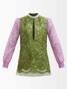Кружевная блузка с разрезом спереди, украшенная кристаллами Gucci, зеленый