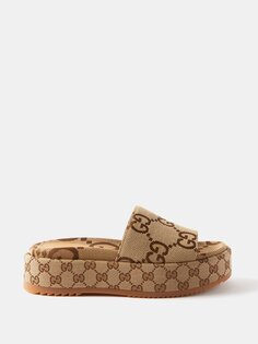 Шлепанцы на плоской платформе из ткани с узором gg Gucci, бежевый