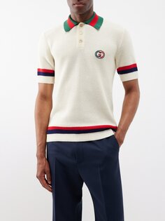 Трикотажная хлопковая рубашка-поло с вышитым логотипом Gucci, бежевый