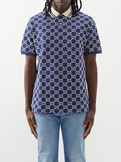 Рубашка-поло из хлопкового пике с вышивкой gg Gucci, синий