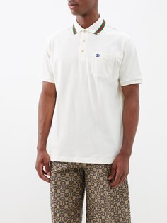 Рубашка-поло из хлопкового пике с веб-полосками Gucci, белый