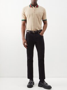 Рубашка-поло из смесового хлопка с накладными карманами в веб-полоску Gucci, бежевый