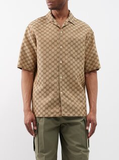 Рубашка из смесового льна с жаккардовым узором gg с короткими рукавами Gucci, бежевый