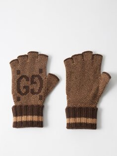 Кашемировые перчатки без пальцев с жаккардовым узором gg Gucci, коричневый