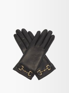 Кожаные перчатки horsebit на кашемировой подкладке Gucci, черный