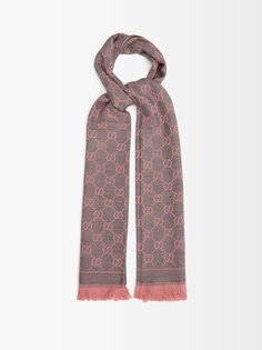 Двусторонний шерстяной шарф с жаккардовым узором gg Gucci, серый