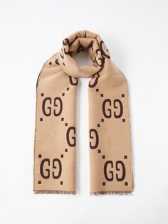 Жаккардовый шарф с логотипом gg Gucci, бежевый