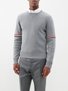 Хлопковый свитер с трехцветной полоской миланской строчки Thom Browne, серый