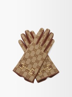Перчатки из кожи horsebit и парусины с узором gg-жаккард Gucci, коричневый