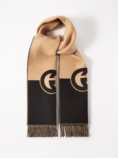 Шерстяной шарф в стиле колор-блок с узором gg и кисточками Gucci, бежевый