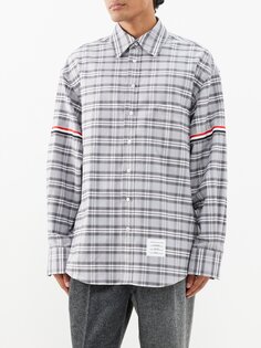 Рубашка оверсайз из хлопка в клетку с трехцветными полосками Thom Browne, серый