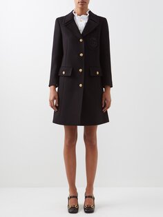 Однобортное шерстяное пальто с вышитым логотипом Gucci, черный