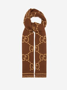 Жаккардовый шарф с логотипом из шерсти и твила Gucci, коричневый