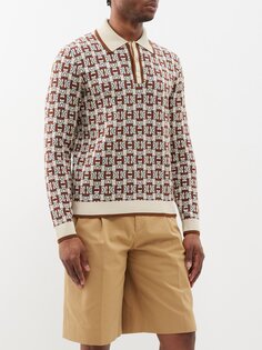 Рубашка поло из хлопка и шелка с жаккардовым узором horsebit Gucci, бежевый