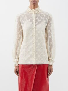 Кружевная блузка с вышивкой gg Gucci, бежевый