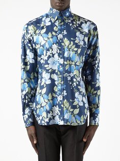 Атласная рубашка с цветочным принтом Tom Ford, синий