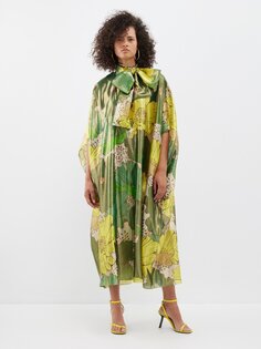 Платье из смесового шелка и ламе с цветочным принтом и вырезом бантом Halpern, зеленый