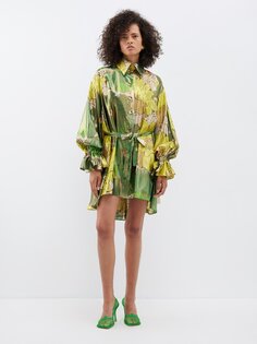 Платье-рубашка из смесового шелка и ламе с цветочным принтом Halpern, зеленый