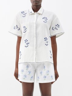 Льняная рубашка с цветочной вышивкой Harago, белый