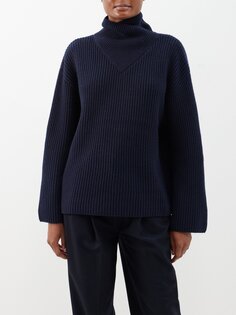 Шерстяной свитер в рубчик с перекрученным воротником Toteme, синий