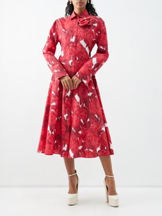 Платье-рубашка миди из хлопкового поплина с принтом роз Valentino Garavani, красный